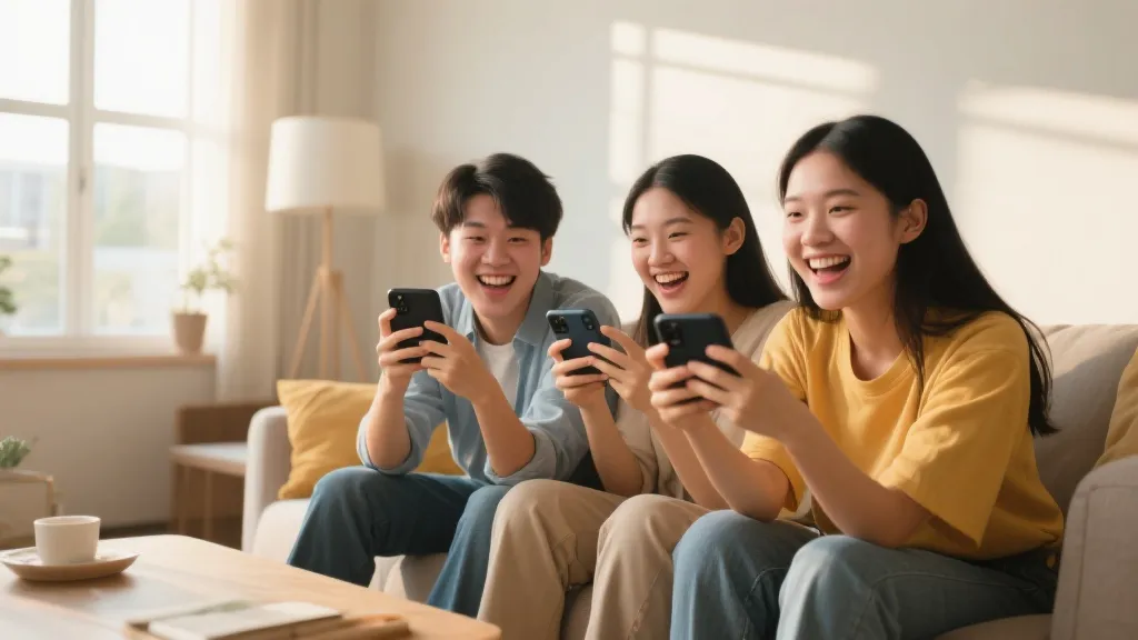 快乐青年朋友在家中用手机参与互动娱乐